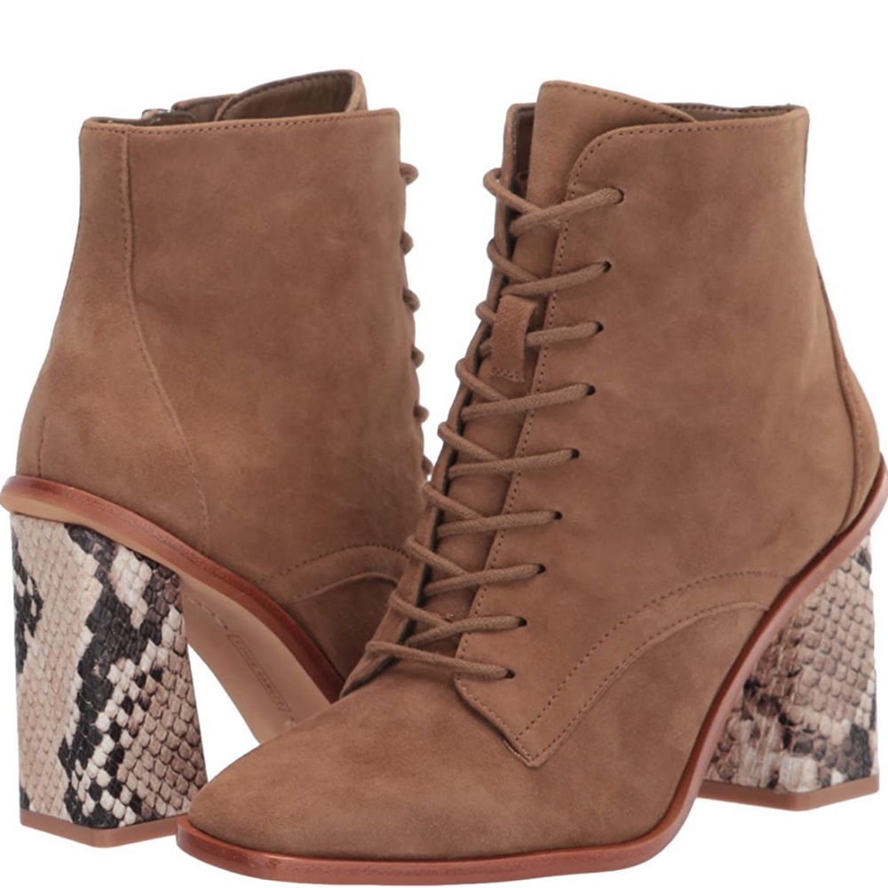 Women’s suede ankle booties with snakeskin print heel